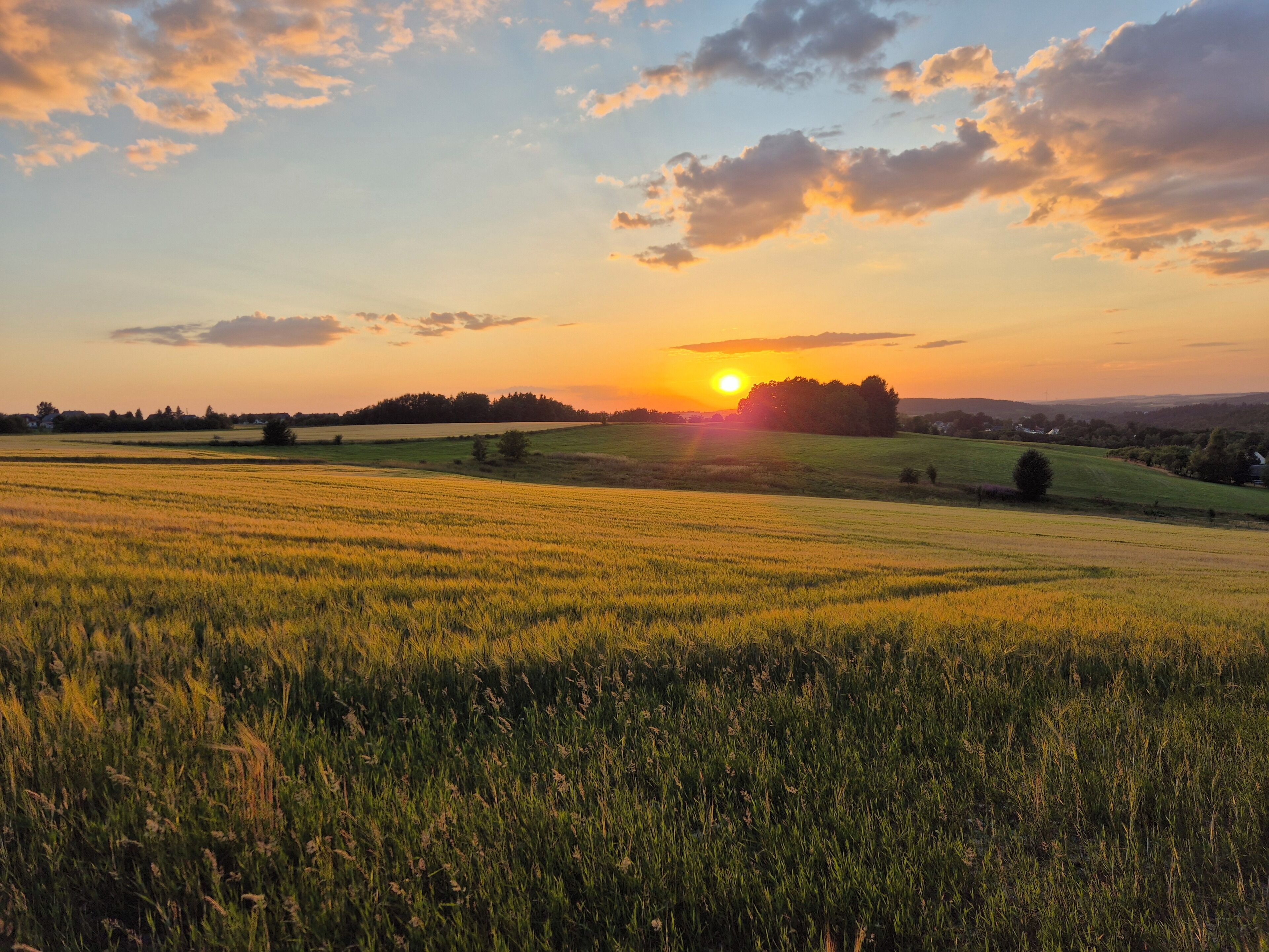 Un extenso campo con un atardecer a lo lejos.