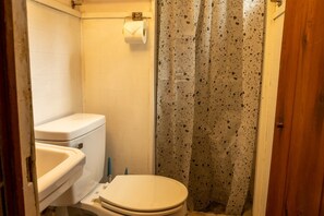 Ein Badezimmer mit Toilette, Waschbecken und Duschvorhang.