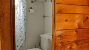 Casa de banho com sanita branca, cortina de chuveiro e porta de madeira.