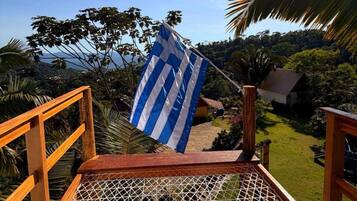 A staircase with a flag, surrounded by lush greenery and a house in the background.