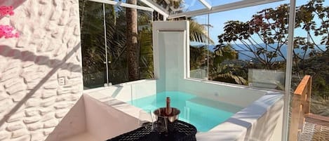 A glass-enclosed hot tub with a drink and glass, surrounded by a white wall and palm trees.