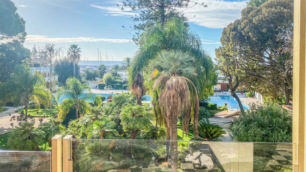 Vista desde un balcón sobre un área de piscina con palmeras y cielo despejado.
