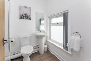 Un bagno con il water, un lavandino e una finestra.