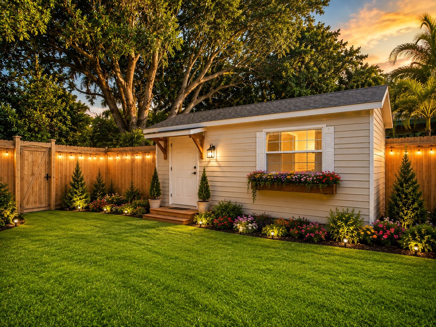 A small house with a front porch, a wooden fence, and a well-maintained lawn.