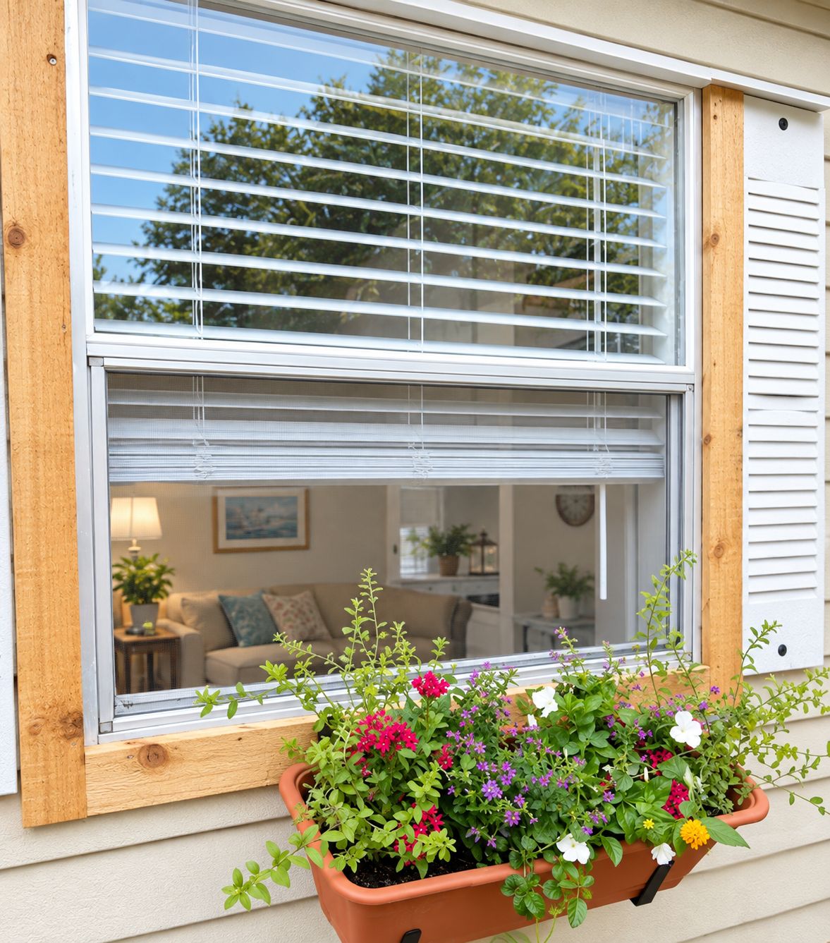 A window with a white blind, a wooden window frame, and a hanging flower pot with various plants.