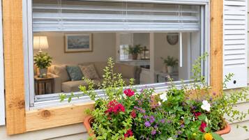 A window with a white blind, a wooden window frame, and a hanging flower pot with various plants.
