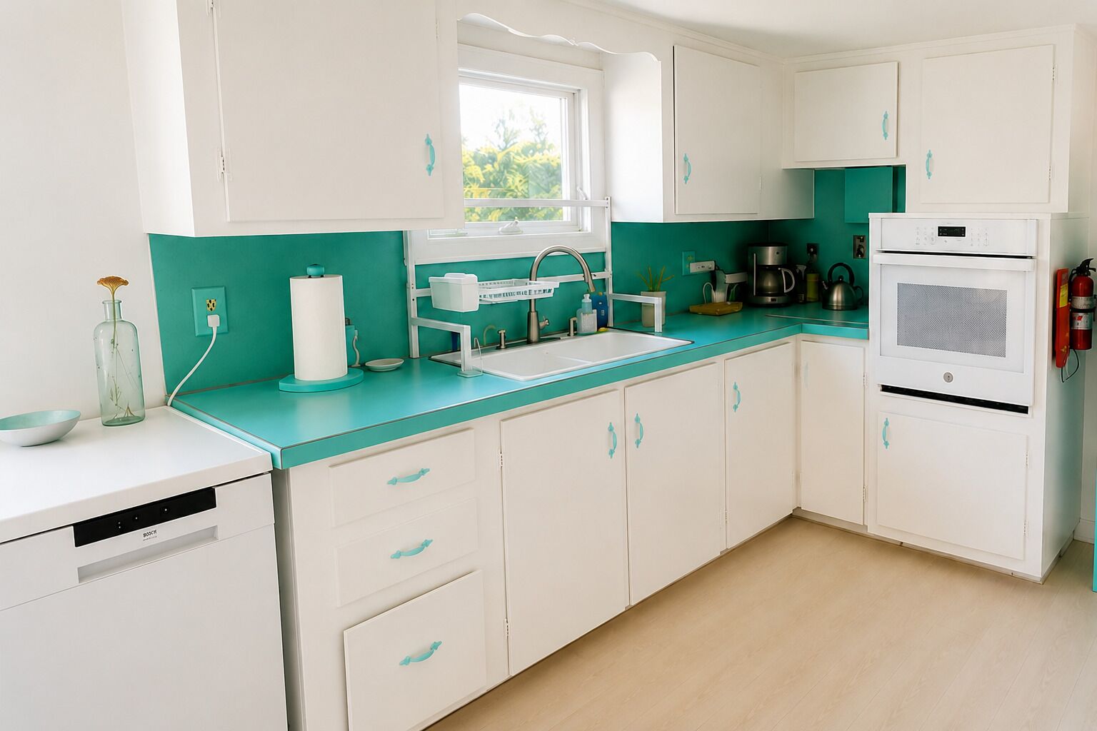 A modern kitchen with white cabinets, a teal countertop, and a window above the sink.