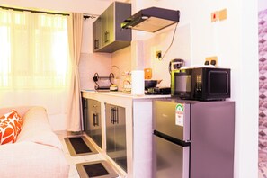 A compact kitchen with a refrigerator, microwave, and a small sink. - Luxury Studio Apartment in Kimana Near Amboseli (Oloitokitok)