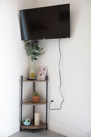A wall-mounted TV above a metal shelf unit with a potted plant, a picture frame, and a remote control.