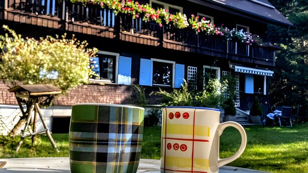 Una casa amb un balcó ple de flors, una taula amb dues tasses, i un jardí al primer terme.