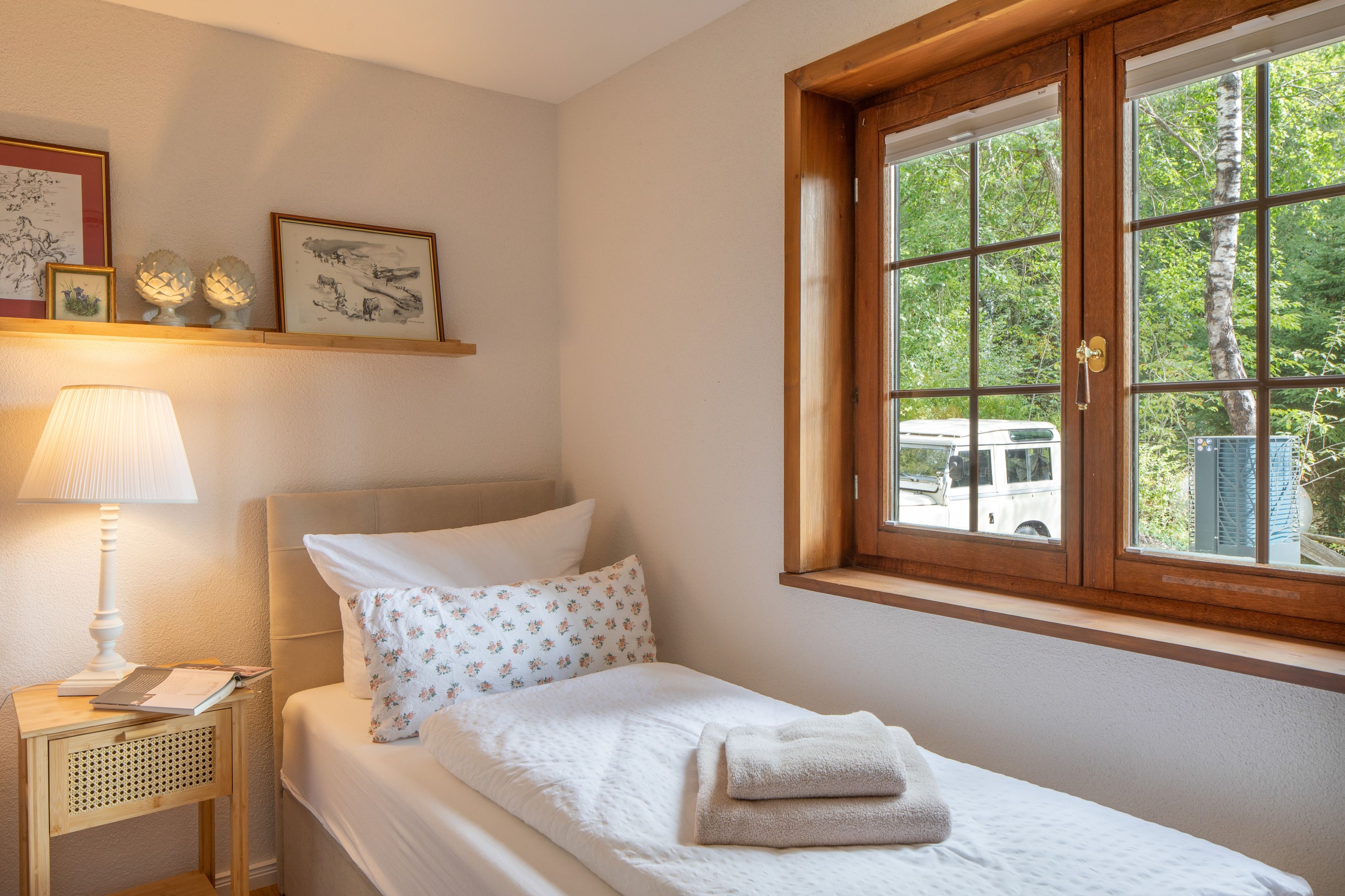 Ein Einzelbett mit weißer Bettdecke, eine Nachttischlampe und ein Fenster mit Blick auf Grünflächen und ein geparktes Fahrzeug.