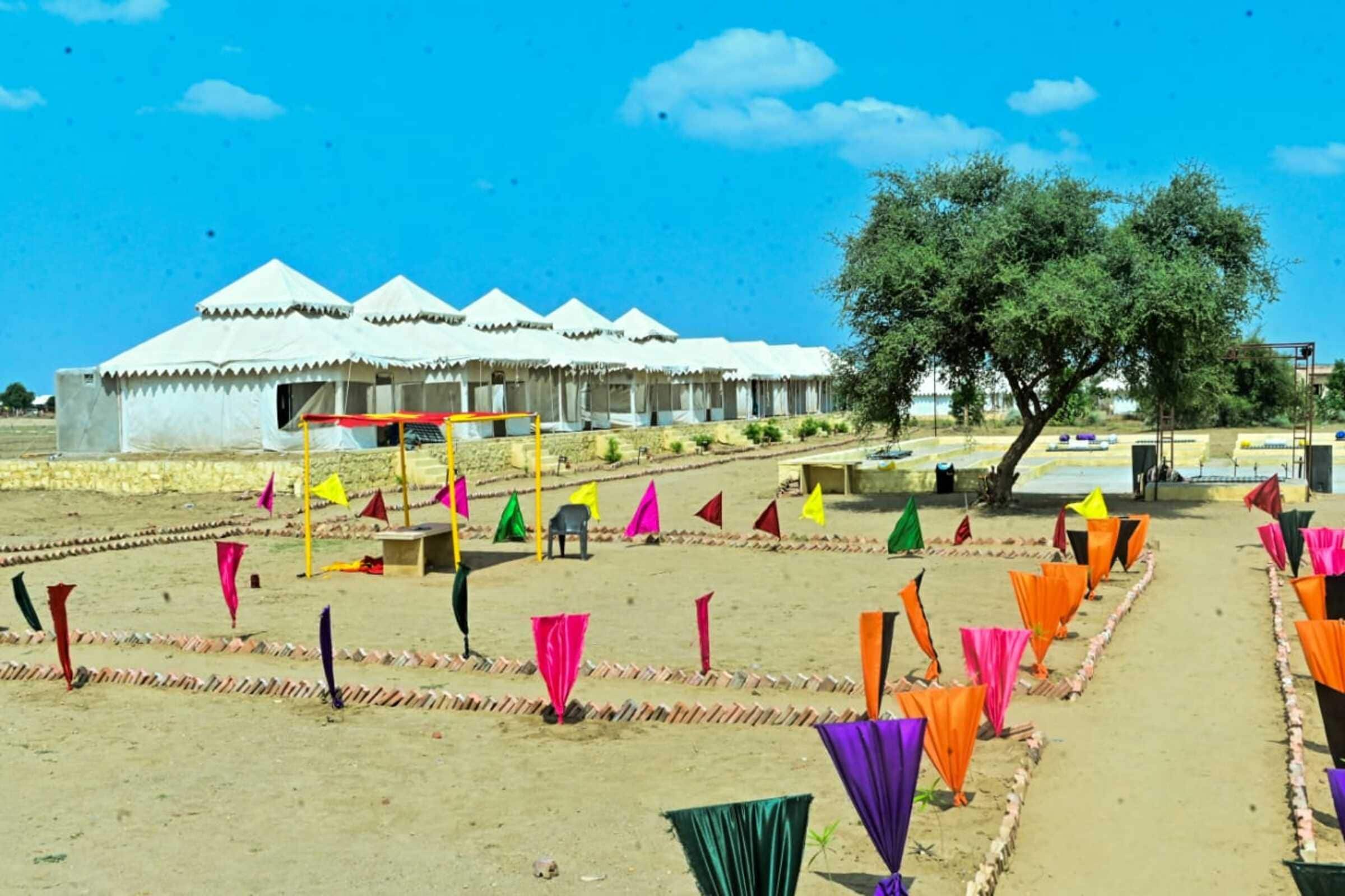 A series of white tents with a clear sky and a tree in the background.