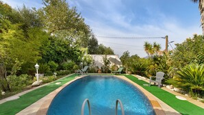 A rectangular swimming pool with a ladder, surrounded by green artificial grass and various plants.