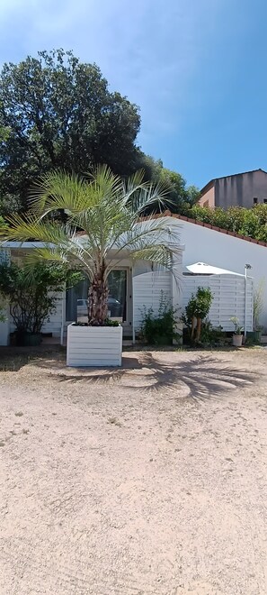 A building with a white exterior, a palm tree in a planter, and a clear blue sky. - Villa “Pavillon 1013” with Private Pool, Terrace & Wi-Fi (Bastelicaccia)