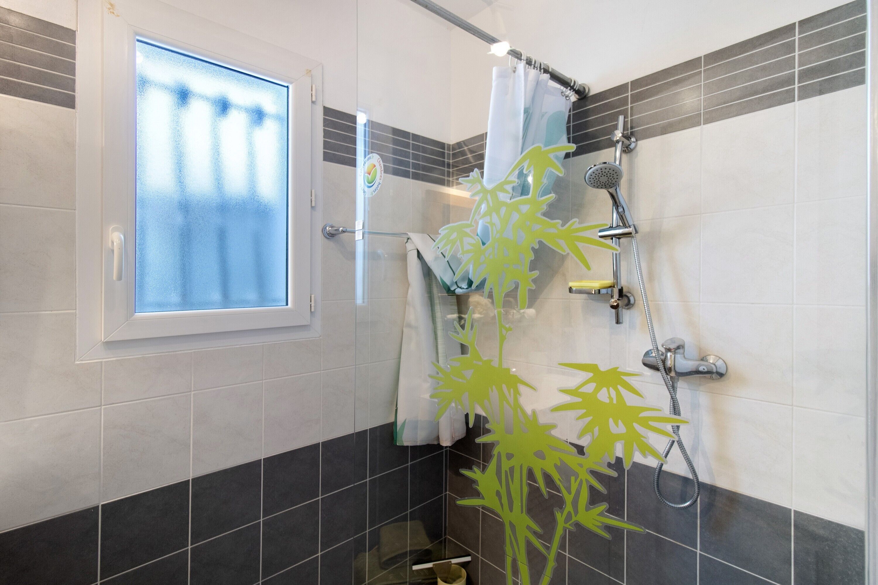 Une salle de bain avec une fenêtre, une douche avec un rideau et un porte-serviettes.