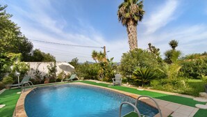 A swimming pool with a curved edge, surrounded by green artificial grass and various plants.
