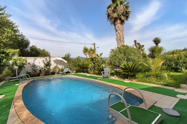 A swimming pool with a curved edge, surrounded by green artificial grass and various plants.
