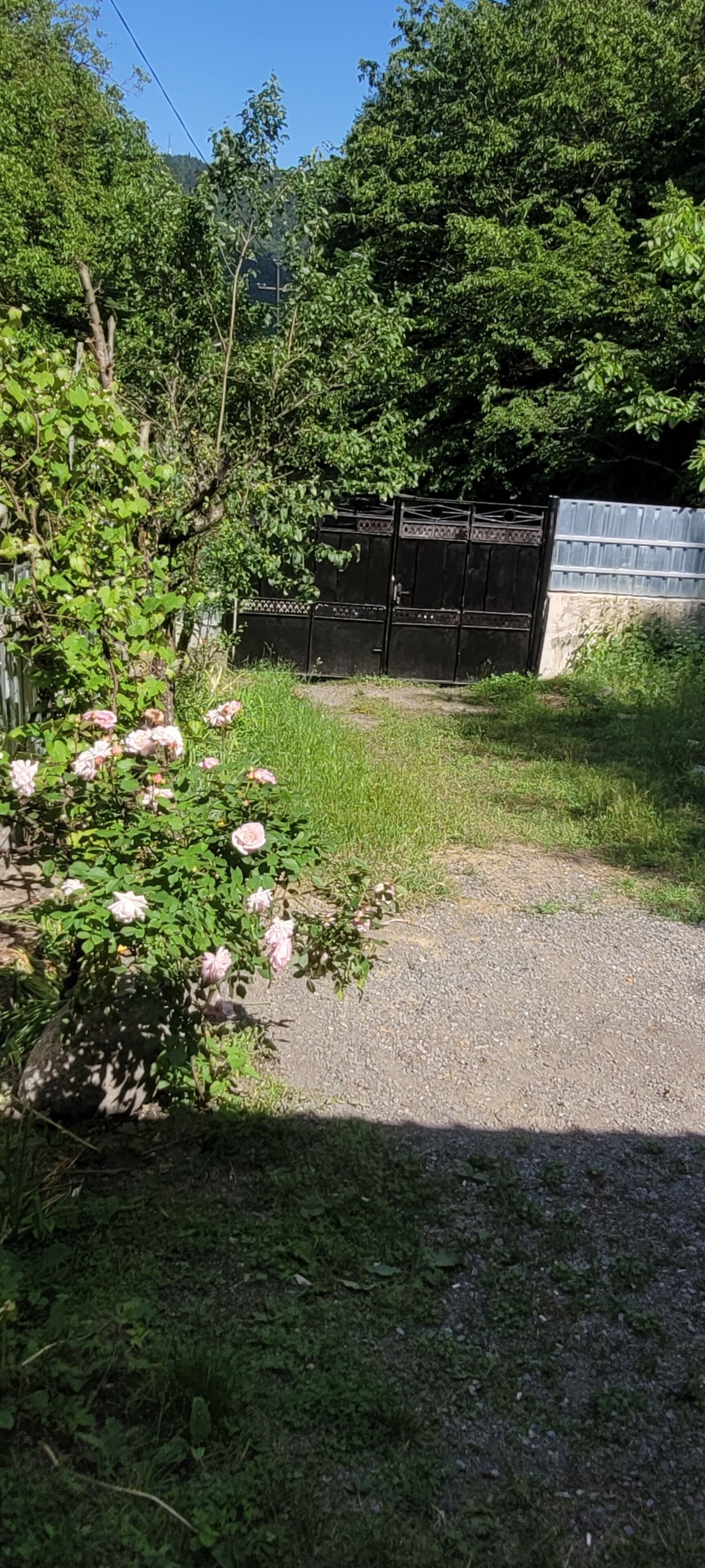 En grussti der fører hen til et sort metalhegn, omgivet af grønt og en stenvæg.