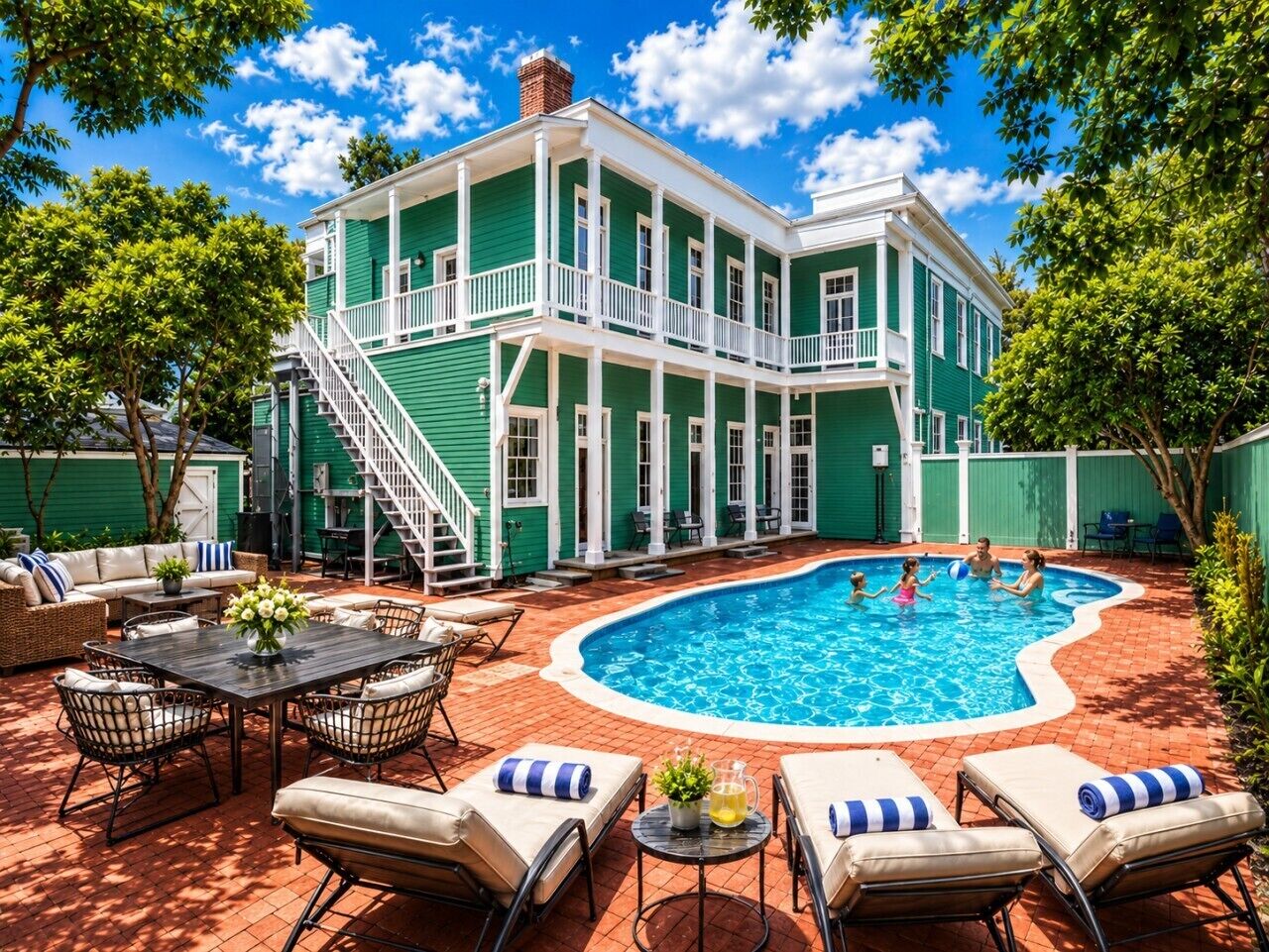 A green house with a swimming pool, outdoor furniture, and a staircase leading to the upper floor.