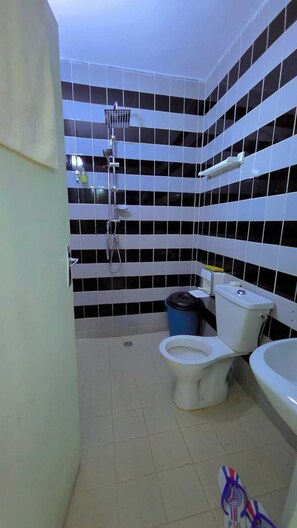 Un baño pequeño con inodoro, bidé y ducha.