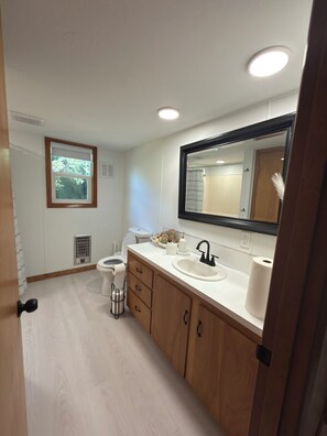 A modern bathroom with a toilet, sink, and mirror. - Casita del Mar near Sandlake and Buzzard Butte Trail Network. 4 bedrooms (Cloverdale)