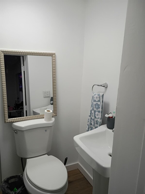 A small bathroom with a toilet, sink, and mirror. - Beautiful 1-bedroom house with AC in fantastic North Miami (North Miami)