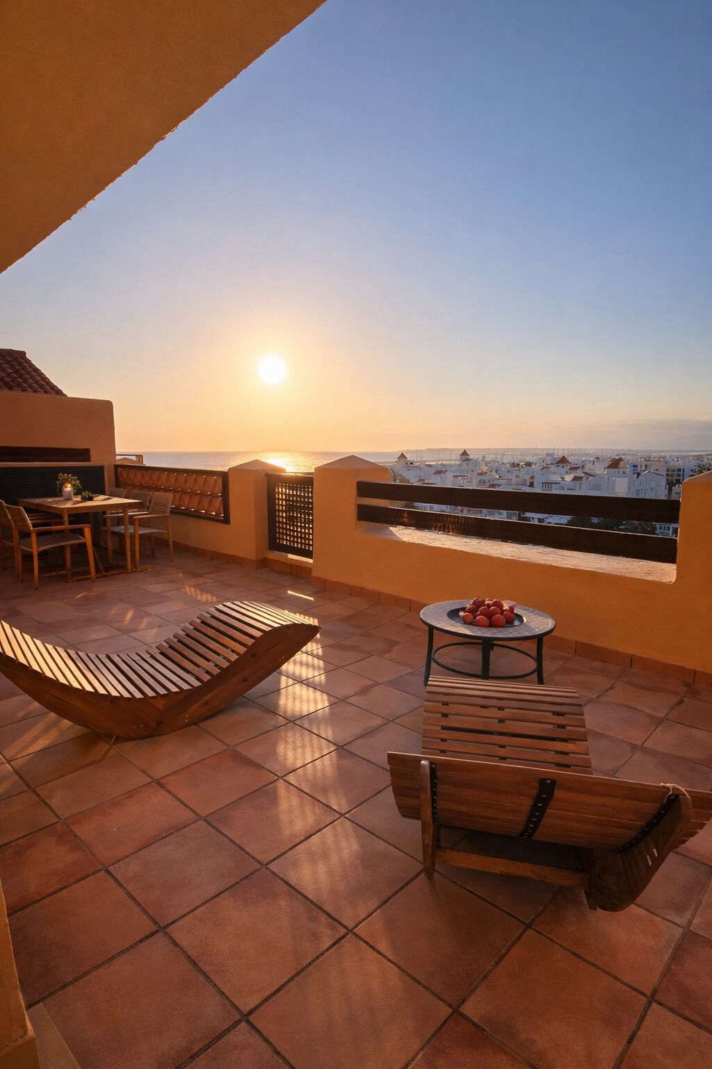 Una terraza con vista al mar, que incluye una silla lounge de madera, una mesita redonda con fruta y un piso de baldosas.