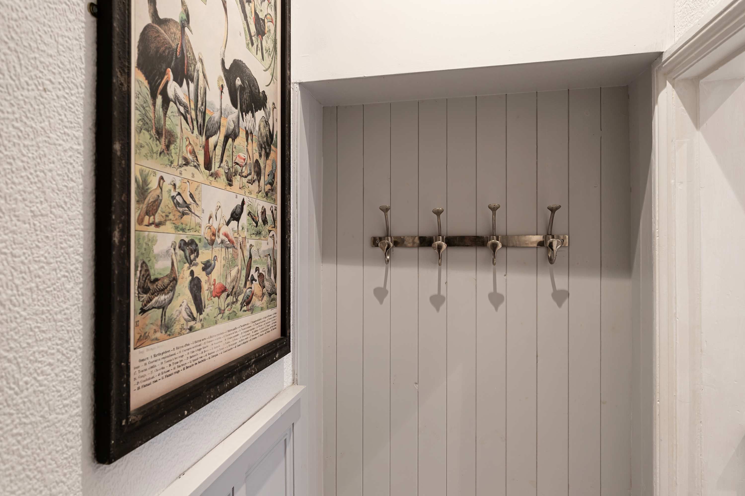 A room with a wall-mounted picture of birds and a coat rack with hooks.