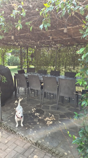 An outdoor patio with a covered dining area, stone flooring, and a dog.
