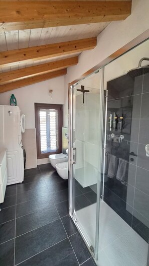 Un bagno moderno con doccia vetrata, un water e una lavatrice.