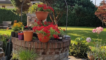 Ein Steingartenbeet mit verschiedenen Blumentöpfen, Blumen, einem Fahrrad und einem Garten mit Rasen und Bäumen.