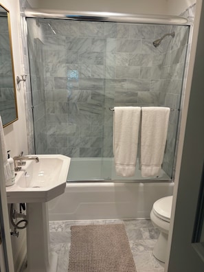 Un bagno con doccia vetro-murata, lavandino bianco e WC.