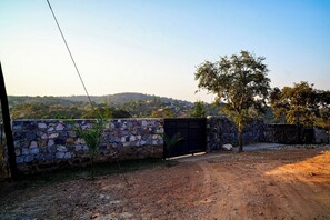 Un paysage rural avec un mur de pierres, un arbre et un chemin de terre menant à une porte.