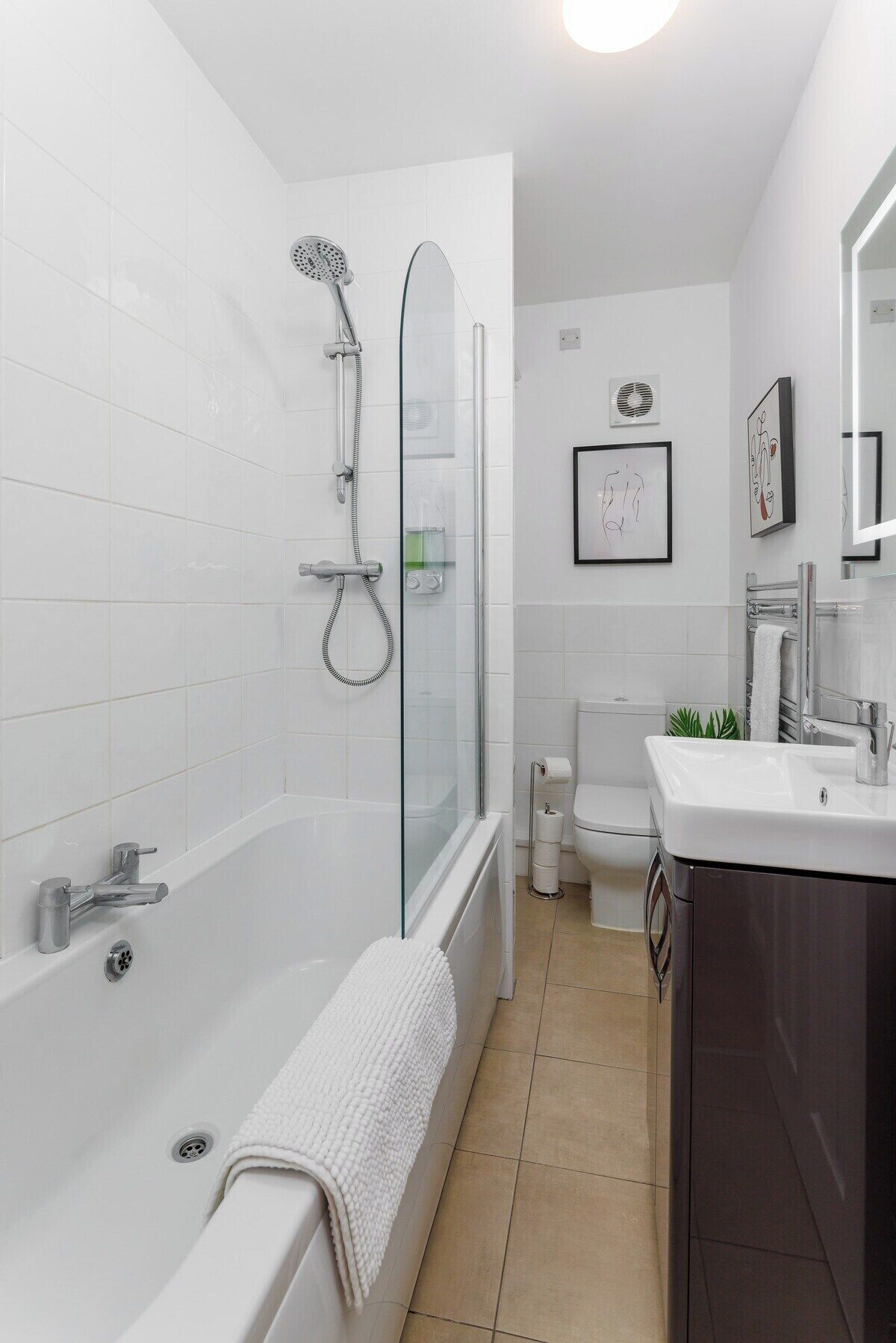 Shower, hair dryer, shampoo