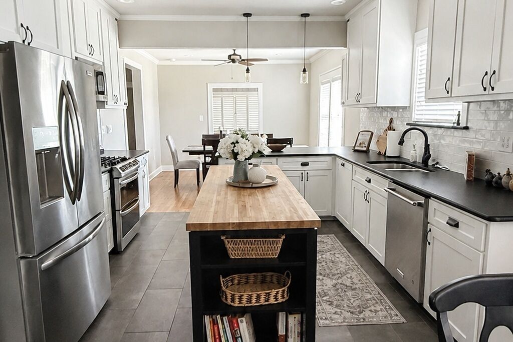A modern kitchen with stainless steel appliances, a wooden island, and white cabinetry.
