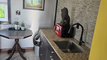 A kitchen with granite countertops, a stainless steel sink, dark cabinetry, a decorative lion statue, a framed picture on the wall, and a small table with potted plants.