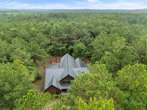 Une cabane entourée d’une forêt dense, avec un toit en métal et des murs en bois, ce qui suggère un cadre rustique.