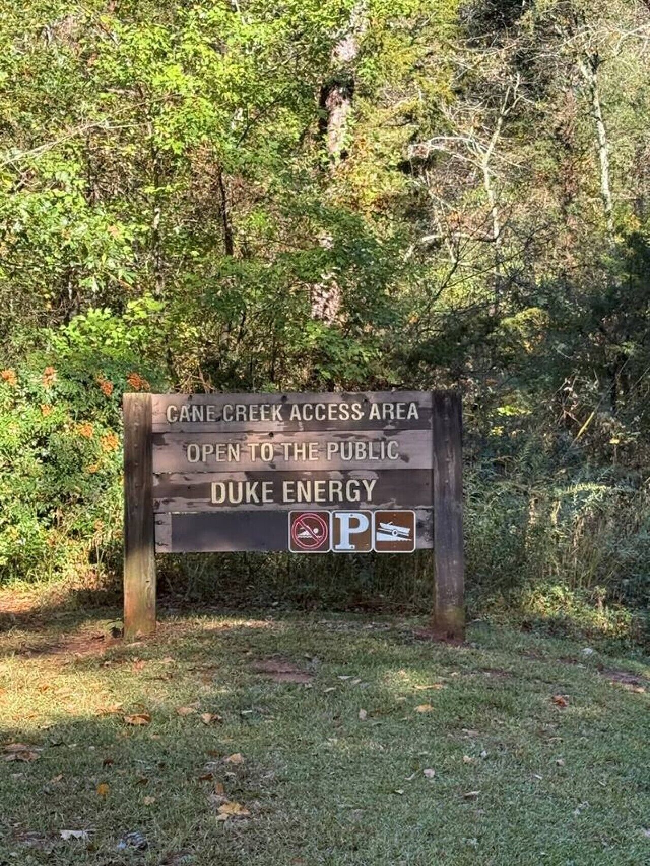 A sign indicating Cane Creek Access Area is open to the public, with Duke Energy branding and no parking allowed.