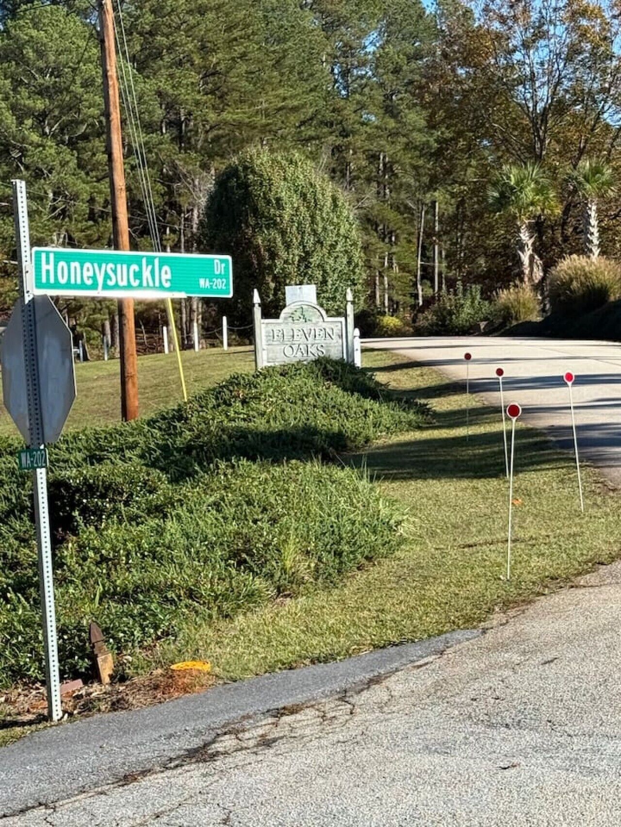 Ein Straßenschild mit den Aufschriften 'Honeysuckle Dr' und 'Eleven Oaks', ein Stoppschild und eine Rasenfläche.