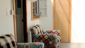 Una habitació amb dos sofàs estampats, una porta de fusta i un finestral a la teulada.