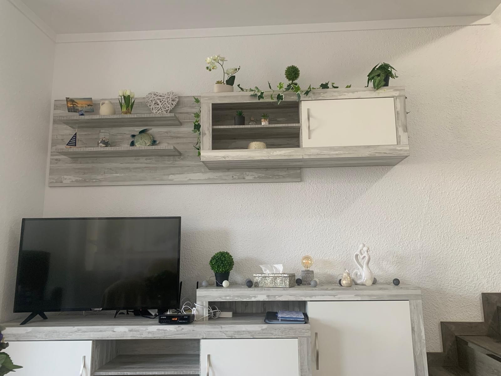 A living room with a flat-screen TV, a white cabinet, and shelves with decorative items and plants.