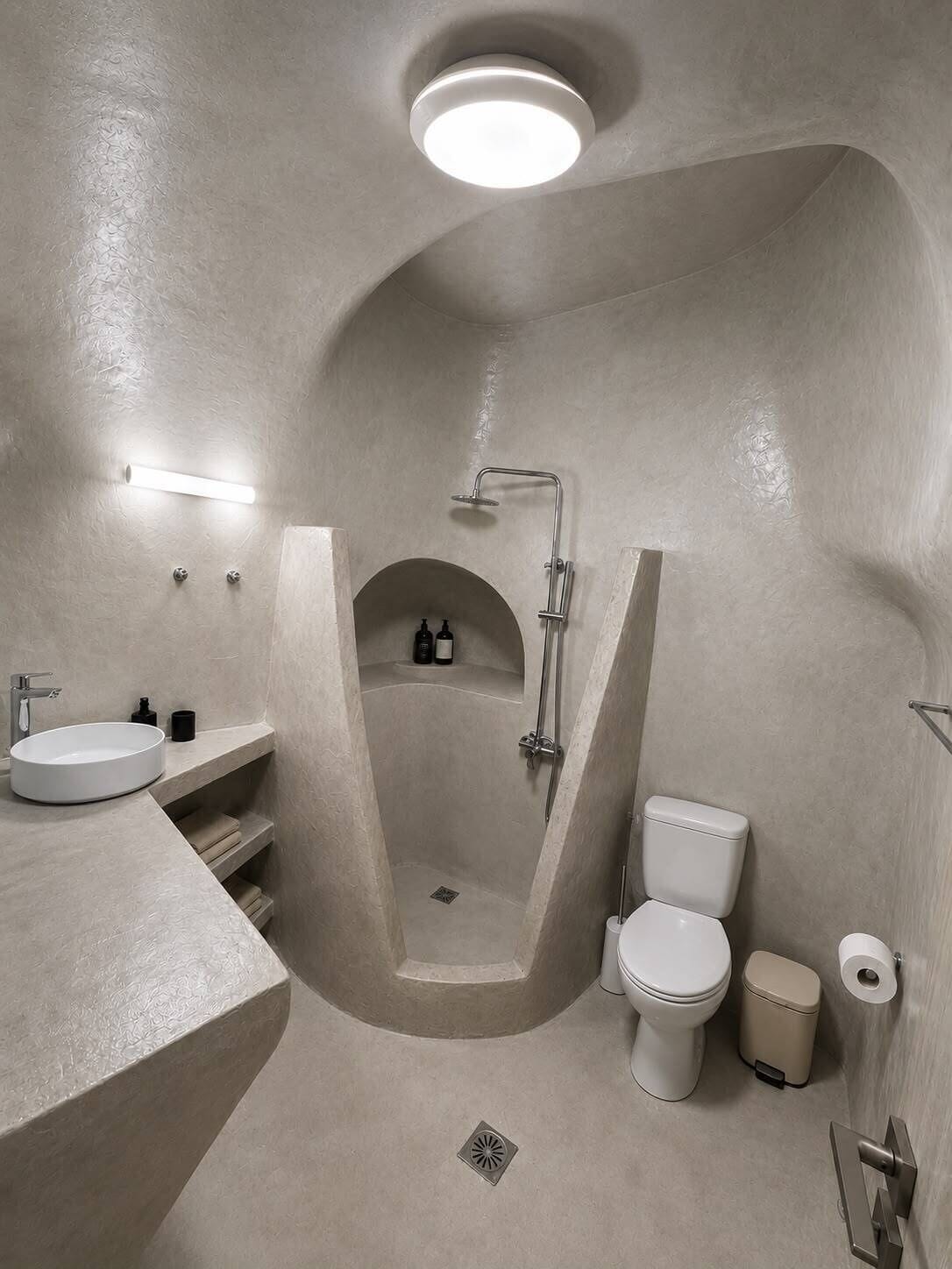 A modern bathroom with a curved design, a round sink, a toilet, and a shower area.