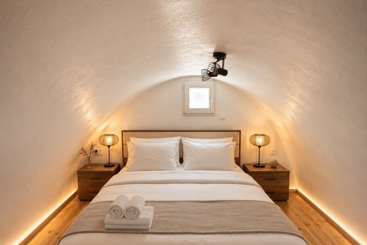 Un dormitorio con una cama de madera, dos mesitas de noche, un ventilador de techo y un ventanal.