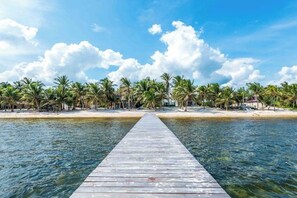 Eine Holzstege führt zu einem Strand mit Palmen und klarem Himmel.
