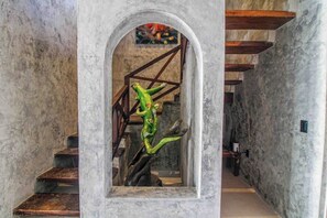 A staircase with a green snake sculpture in an arched niche. - Beachfront home pool, chef, transport (Tulum)