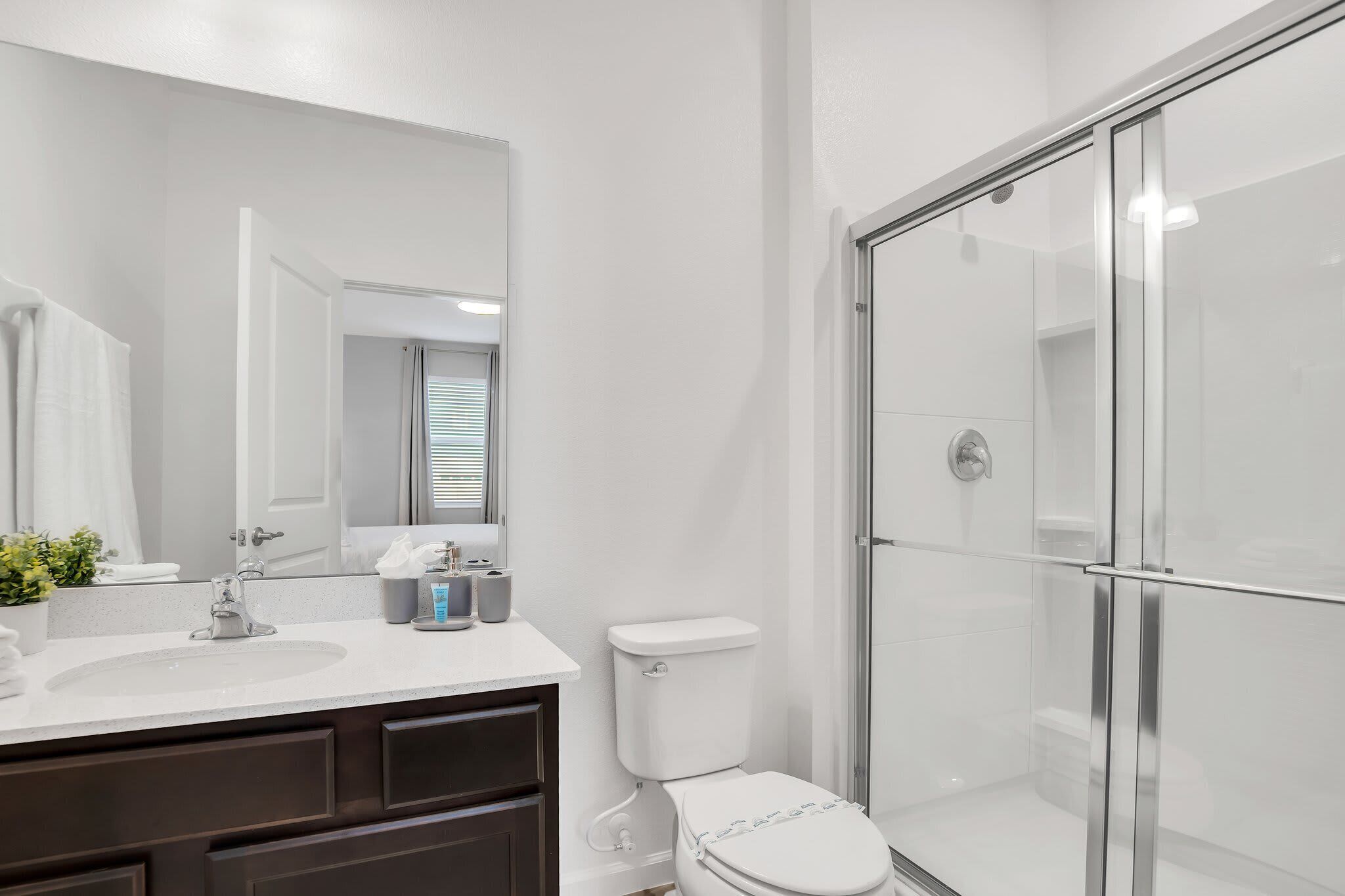 A modern bathroom with a glass shower enclosure, a white toilet, and a vanity with a mirror.