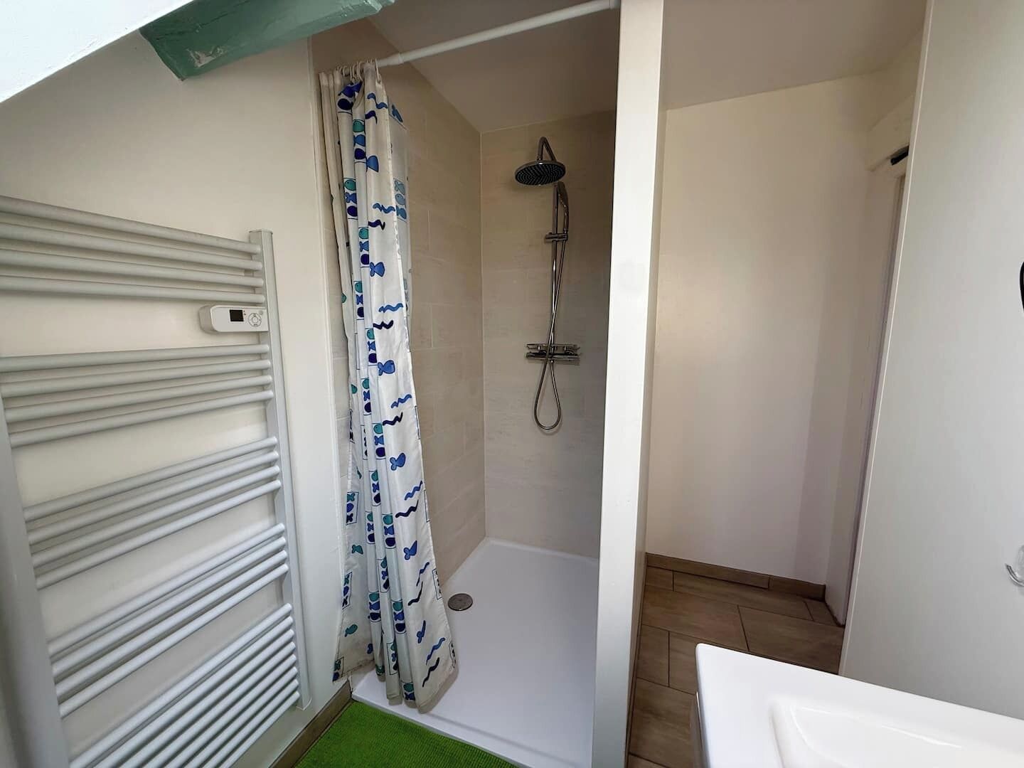 Une salle de bain avec une douche, des toilettes et un radiateur.