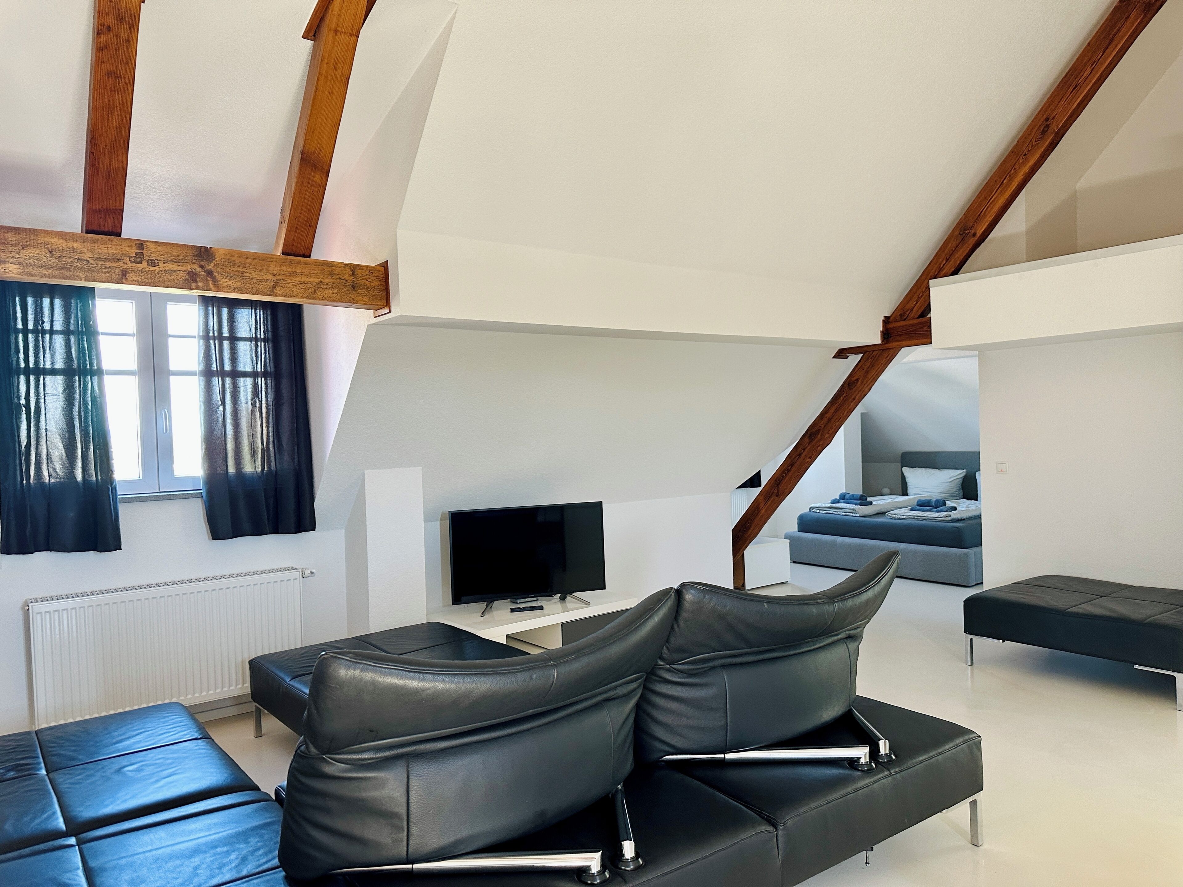 Une chambre de style loft moderne avec un plafond en pente, un canapé en cuir noir, un téléviseur à écran plat et un lit avec une literie bleue.