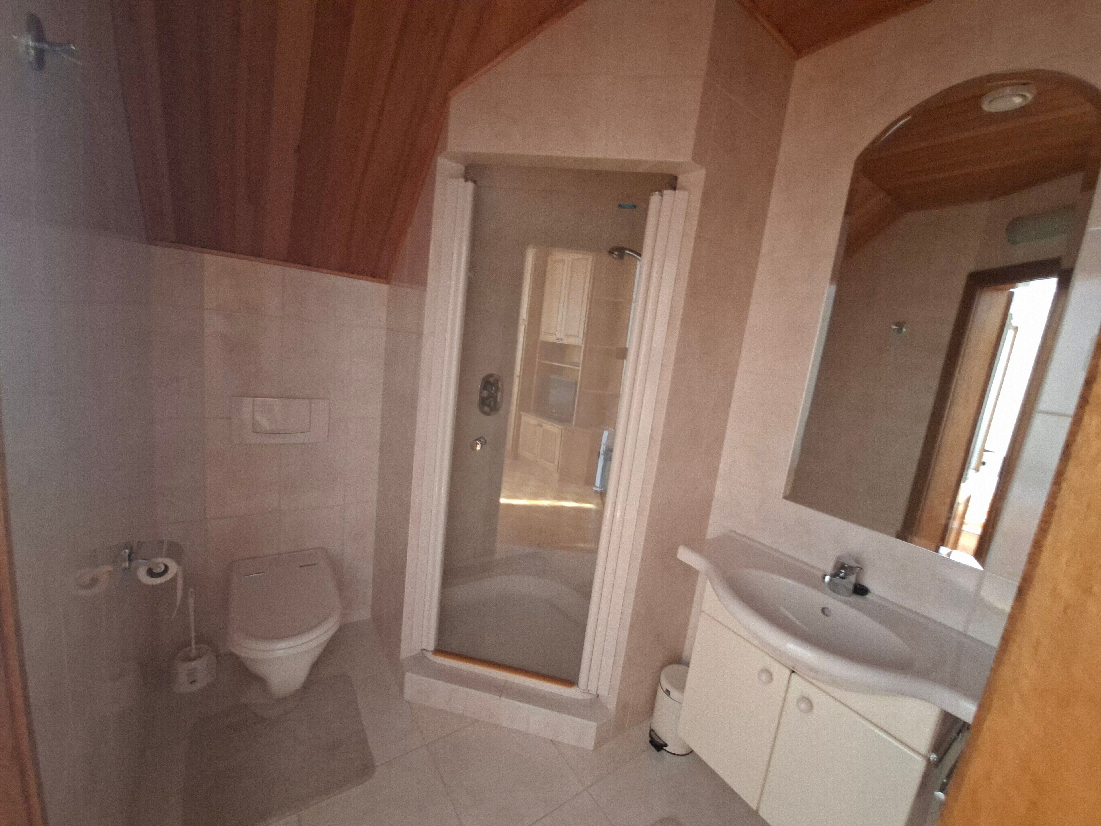 A bathroom with a shower, toilet, sink, and mirror.