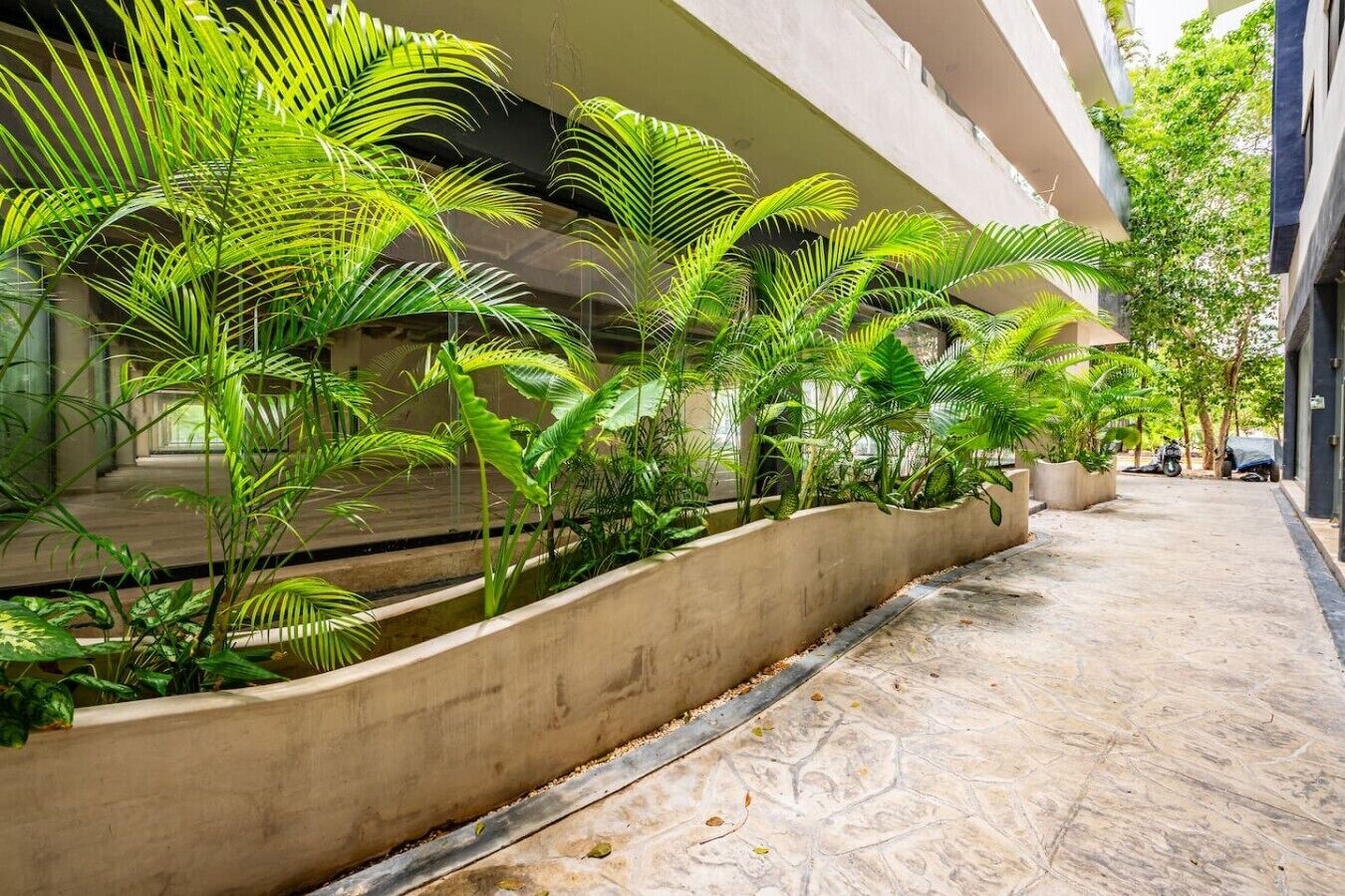 A corridor with a concrete planter filled with green plants, a tiled floor, and a building with a beige facade.